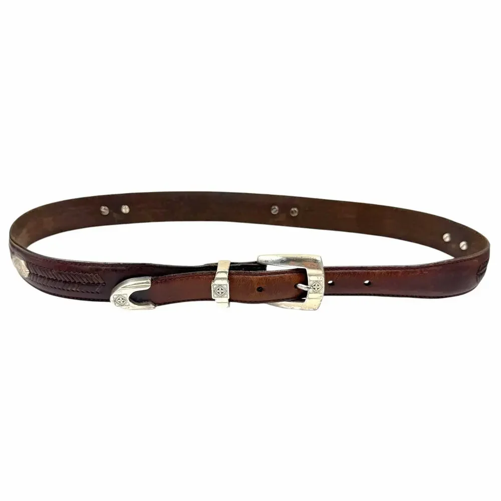 VTG Onyx by Brighton Brown Leather Dress Belt Silver Hardware Men Size 36 Y2K